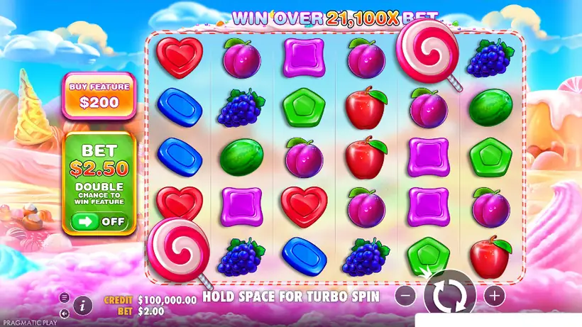 Игровые автоматы — кадр из игры, поле Sweet Bonanza: дорожек тут нет — платят восемь и более одинаковых символов где угодно на сетке.