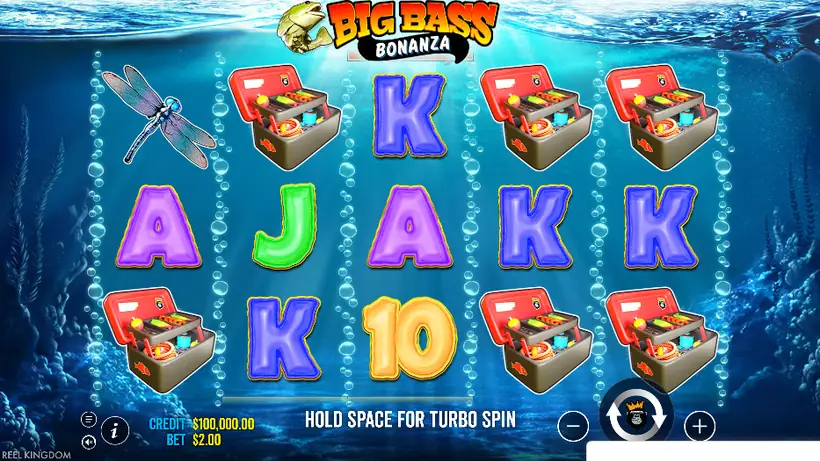 Игровые автоматы — кадр из игры, бонусный раунд Big Bass Bonanza: суммы, выпавшие на поле, забирает один символ-сборщик.